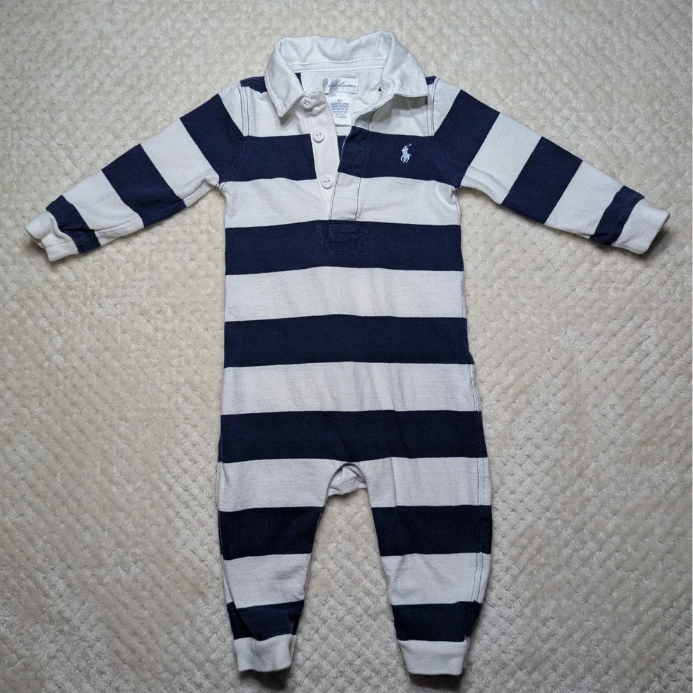 Ralph Lauren Baby Boys Navy White Striped Rugby Romper‎ Long Sleeve 9M